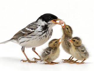 Blackpoll Warbler Mother With 3&ndash;4 Chicks Isolated