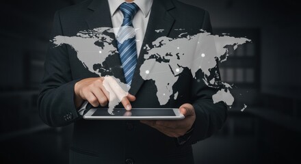 Businessman Interacting With World Map On Digital Tablet In Dark Office Setting With Subtle Lighting