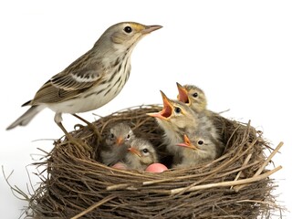 Blackpoll Warbler Nest With Baby Birds and Mother Isolated
