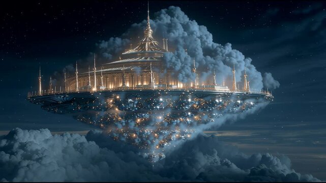 Mysterious floating object in cloudy sky, futuristic spacecraft hovering above, perfect for sci-fi themes, cinematic atmosphere.