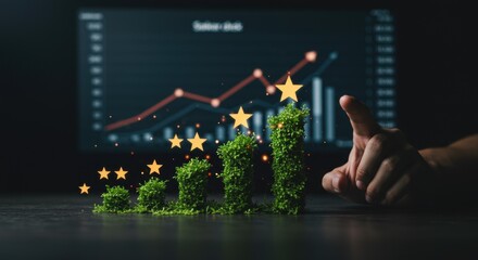 Green Bar Chart Growth With Stars And Stock Market Data Displayed On Screen