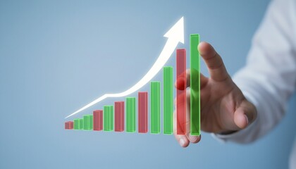 Visualizing Growth Hand Interacting with a 3D Bar Chart Displaying Rising Progress and Positive Trends