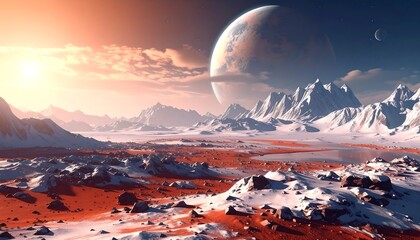 Alien landscape, snow-capped mountains, reddish desert