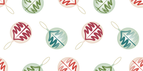 Decorative christmas balls with drawn abstract green red fir trees, seamless pattern, vector, wallpaper, wrapper, paper, white background