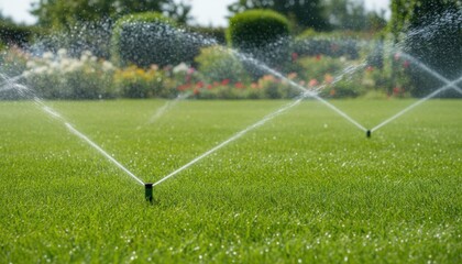 Fototapeta premium Medium shot capturing sprinkler irrigation system in action water droplets evenly falling on lush green lawn showcasing automated coverage for healthy plant maintenance.