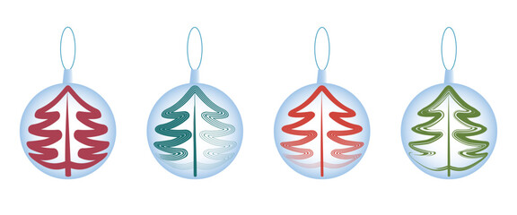 Four decorative christmas balls with drawn abstract fir trees, vector illlustration isolated on white background
