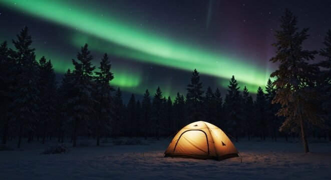 Illuminated tent under a vibrant aurora borealis, nestled within a snowy forest at night - Powered by Adobe