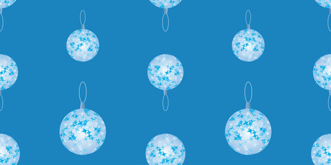 SSeamless pattern of decorative blue christmas balls with abstract stars, wallpaper, vector background, paper, wrapper