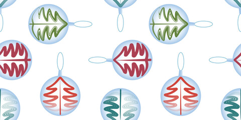 Decorative christmas balls with drawn abstract fir trees, seamless pattern, vector, wallpaper, wrapper, paper, white background