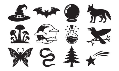 Halloween Witch and Magic Silhouette Icons – Bats, Cats, Mushrooms, Stars
