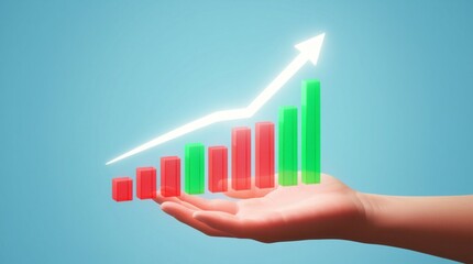 Conceptual image of a hand supporting a vibrant 3D bar graph and rising arrow, representing positive economic trends, market success, and strategic business development