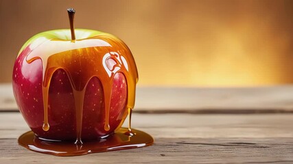 Slowmotion caramel dripping on red apple against warm golden background. 4k Video footage