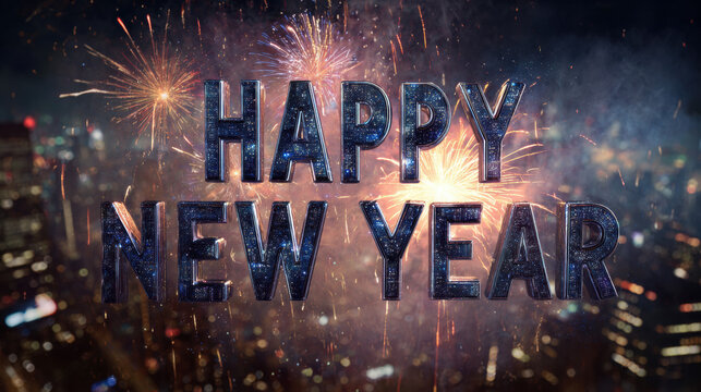 Happy New Year metallic text with colorful fireworks exploding over city skyline at midnight creating celebratory atmosphere