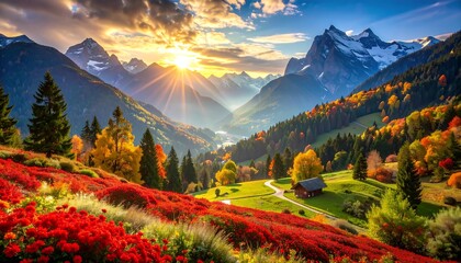 Alpine autumn panorama, vibrant colors, sunlit valley