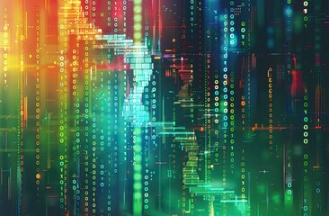 Binary code streams down in an abstract digital space for data visualization use