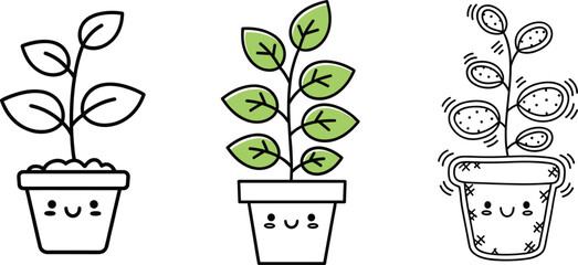 Cute kawaii potted plant illustration set with smiling leaves and happy cartoon houseplant character vector design