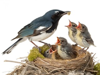 Black-throated Blue Warbler Mother Bird With 3&ndash;4 Chicks Isolated