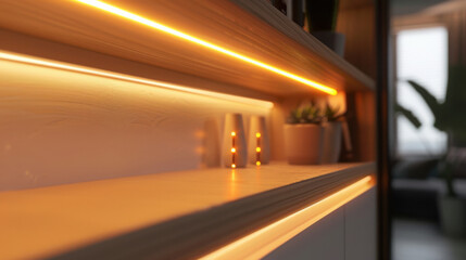 LED strip lighting under loft shelves --ar 16:9 --v 6 Job ID: 323aef95-8b02-48ec-bfe9-4549c0d3db92