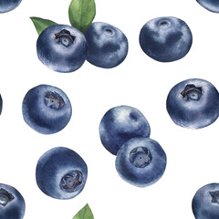 Blueberries with leaves watercolor seamless pattern. Hand drawn illustration