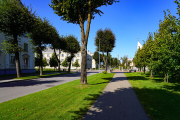Regal neoclassic-style apartment buildings in Sillamäe, a former Soviet closed city located on the coast of the Baltic Sea in Estonia