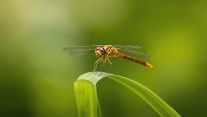 Close-up of a dragonfly perched on a vibrant green leaf in nature during spring and summer