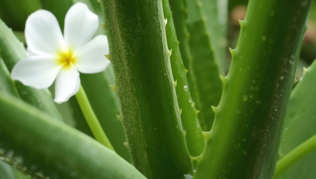 Tropical green plants known for enduring heat: A close-up view of succulent leaves. Aloe vera serves as a beneficial herbal remedy for skin and hair treatment. - Powered by Adobe
