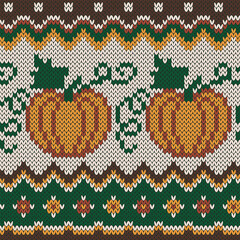 Pumpkin jacquard knitted seamless pattern for ugly sweater design. Vector illustration.