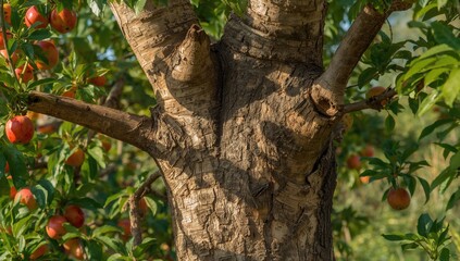 Fototapeta premium A sturdy fruit tree trunk emphasizing tree maintenance and horticulture.