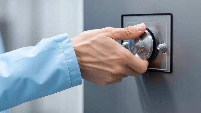 Cleanroom technician adjusts stainless control dial on industrial safe metal panel with precise hand touch conveying sterile focus and precision