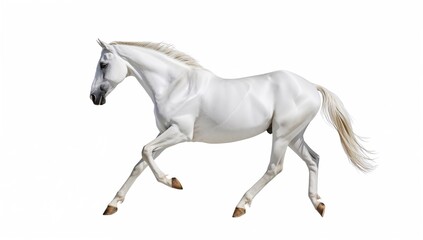 A galloping Akhal-Teke horse set against a plain white backdrop