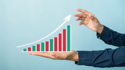 A person supports a growing graph with an upward arrow, representing a concept of economic development, investment return, and market progress