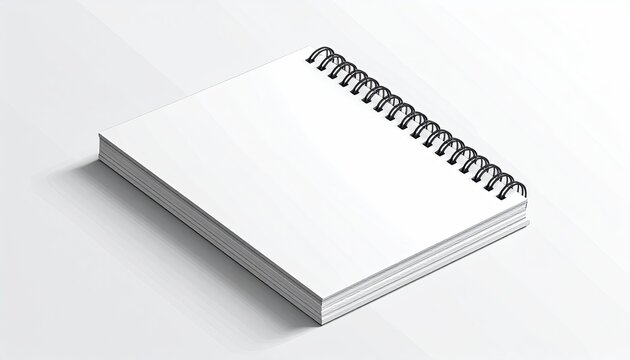 Blank white spiral notebook lies on desk for notes. Background is a gradient