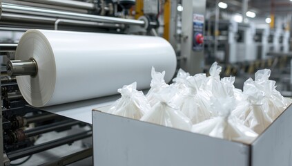 Detailed view of a roll-on extruder used in plastic bag manufacturing with polyethylene material