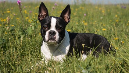 Dog of the Boston terrier breed resting on grass