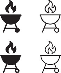 Isolated Grill icon set, grill barbecue symbol, outdoor grill flame, cooking food grill, solid black line outline filled, thin stroke vector, modern minimal BBQ cooking design