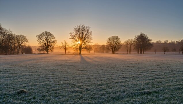 Winter sunrise with frost in the early morning
