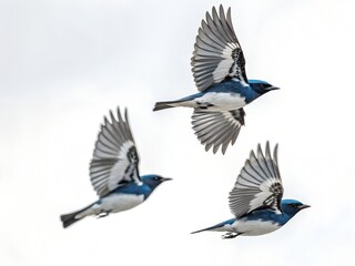 Black-throated Blue Warbler Flock Flying Isolated on White