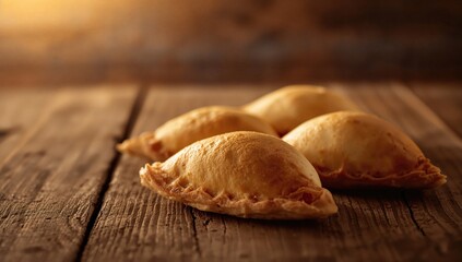 Close-up image of handmade savory pastries on a wooden surface