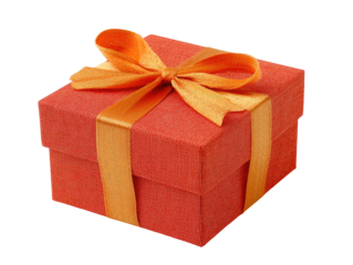 A festive red gift box with a shiny orange ribbon and bow isolated on transparent background