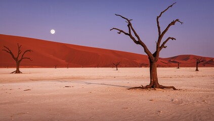 Arid desert scene with dead acacia trees and red dunes under a moonlit sky at dawn