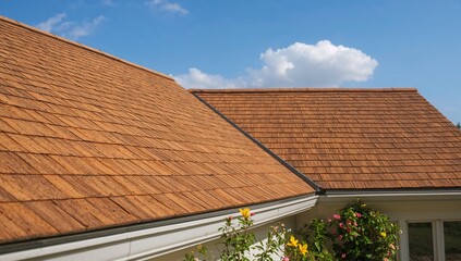Obraz premium Detailed view of a contemporary house featuring a cedar shake roof in summertime