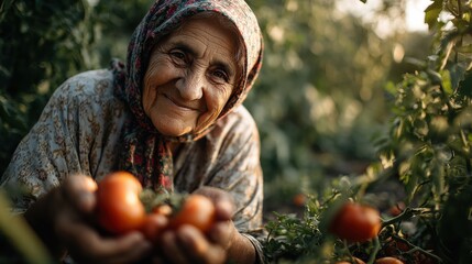 Photorealistic, warm and nostalgic photo of an elderly Turkish grandmother with a warm, wrinkled smile, harvesting fresh, sun-kissed tomatoes from her lush organic garden.