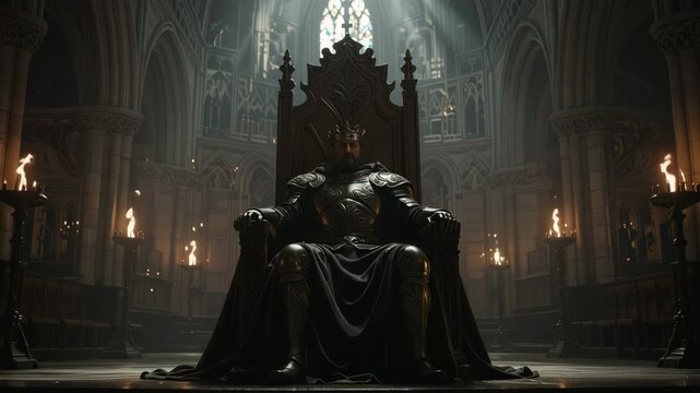 King in shadowy hall on gothic throne