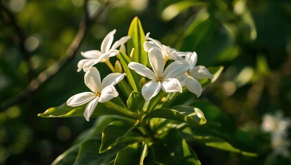 Close-up of white jasmine blossoms in a garden setting