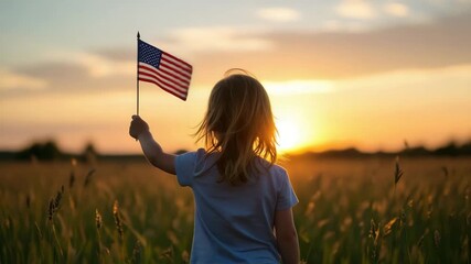 Girl with US flag at sunset in open wheat field - Powered by Adobe
