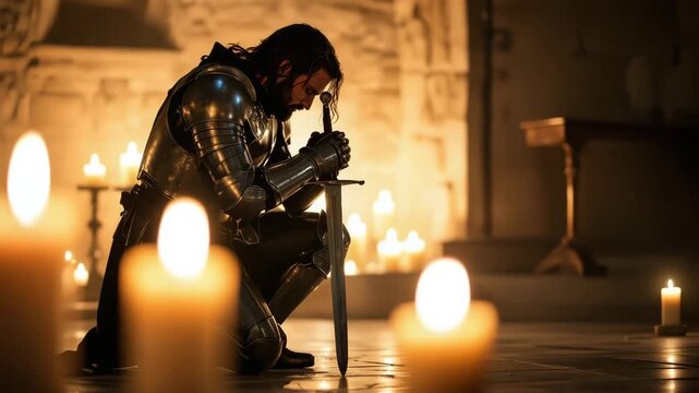 Knight praying with sword in candle-lit chapel