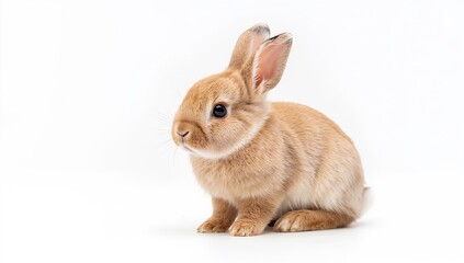 Obraz premium Charming young light brown bunny on a white backdrop. Delightful moment with a small pet rabbit. Adorable 2-month-old bunny.