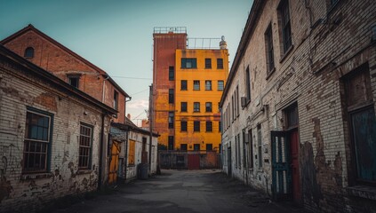 Deserted pathway beside a vibrant industrial building