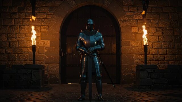 Knight in armor guards castle gate with flaming torches at night