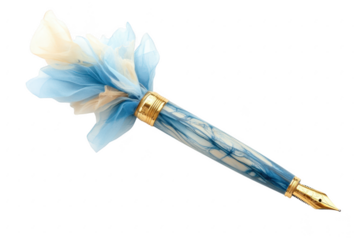 Elegant fountain pen with ornate blue and gold design and feathered nib accent isolated on transparent background